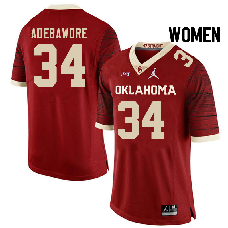 Women #34 Adepoju Adebawore Oklahoma Sooners College Football Jerseys Stitched-Retro